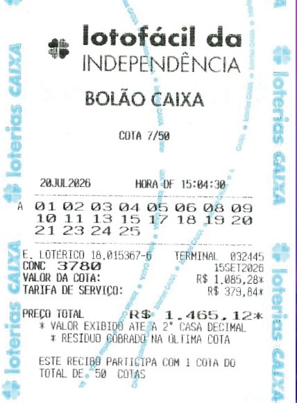 Bilhete de Bolão CAIXA emitido na Lotérica Facilita, mostrando a cota 7 de 50