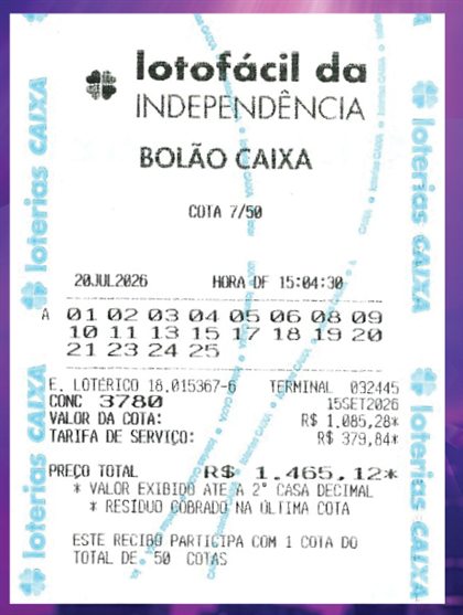 Bilhete de bolão da Lotofácil da Independência emitido pela Lotérica Facilita